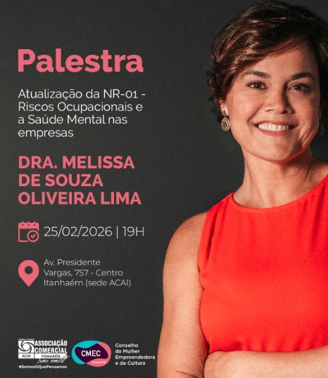 Palestra Atualização da NR-01 - Riscos Ocupacionais e a Saúde Mental nas Empresas, com a Dra. Melissa de Souza Oliveira Lima.